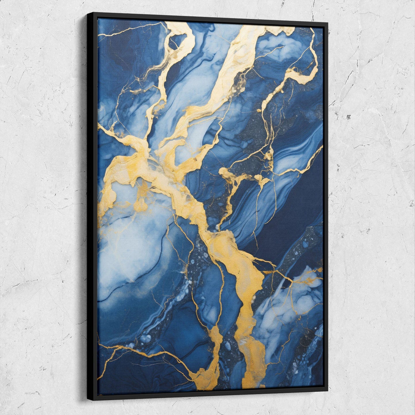 Abstract Blue and Gold Marble Art on Blue Background