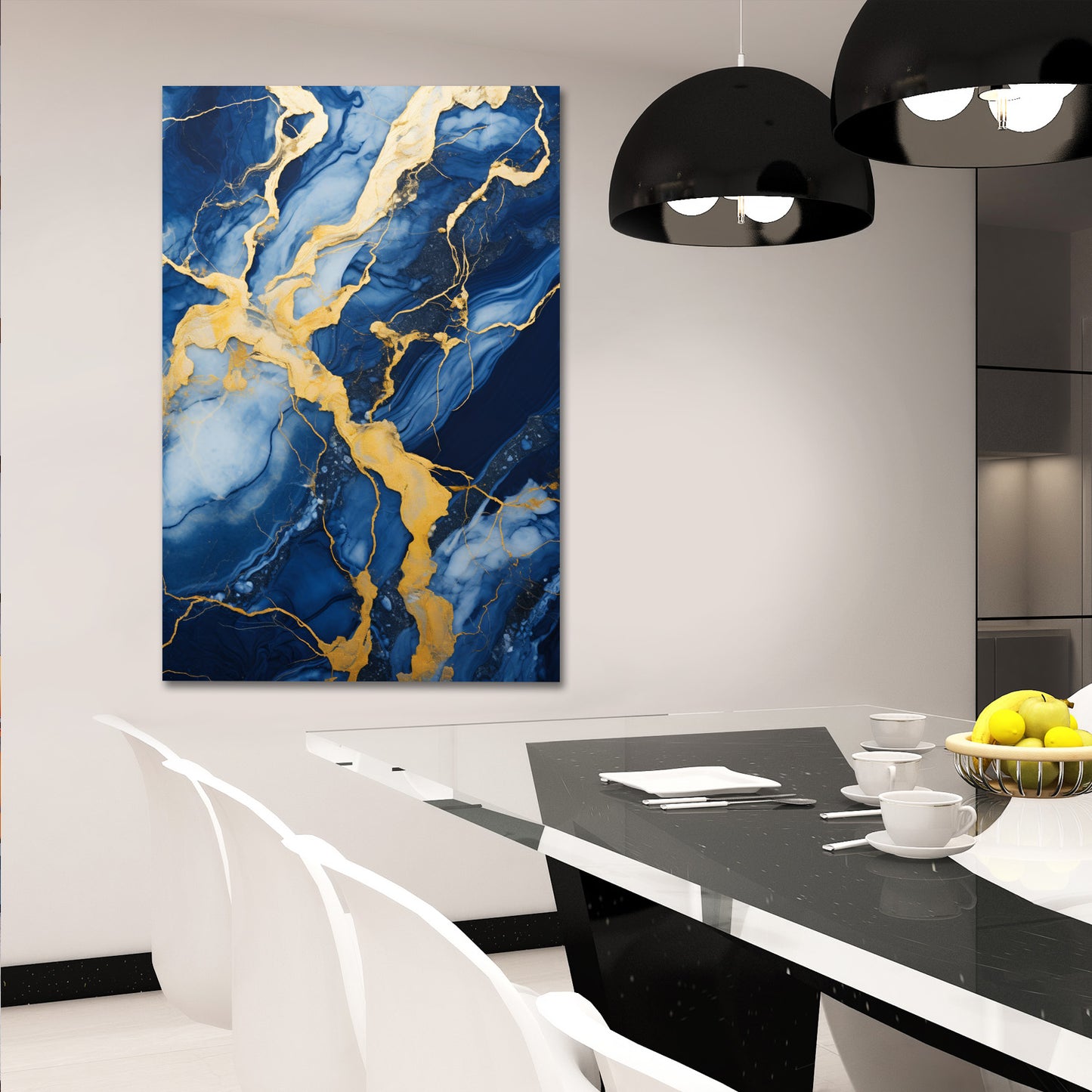 Abstract Blue and Gold Marble Art on Blue Background