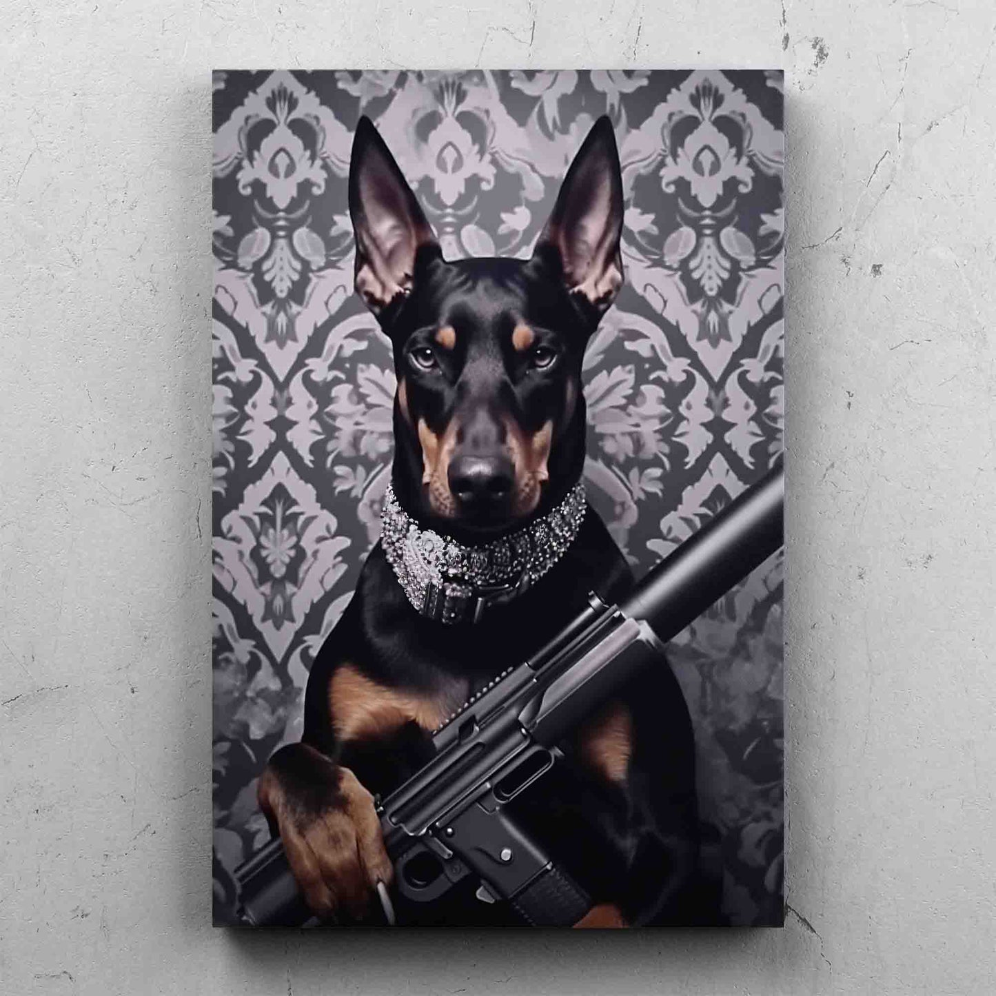 Doberman Pincher with Rifle