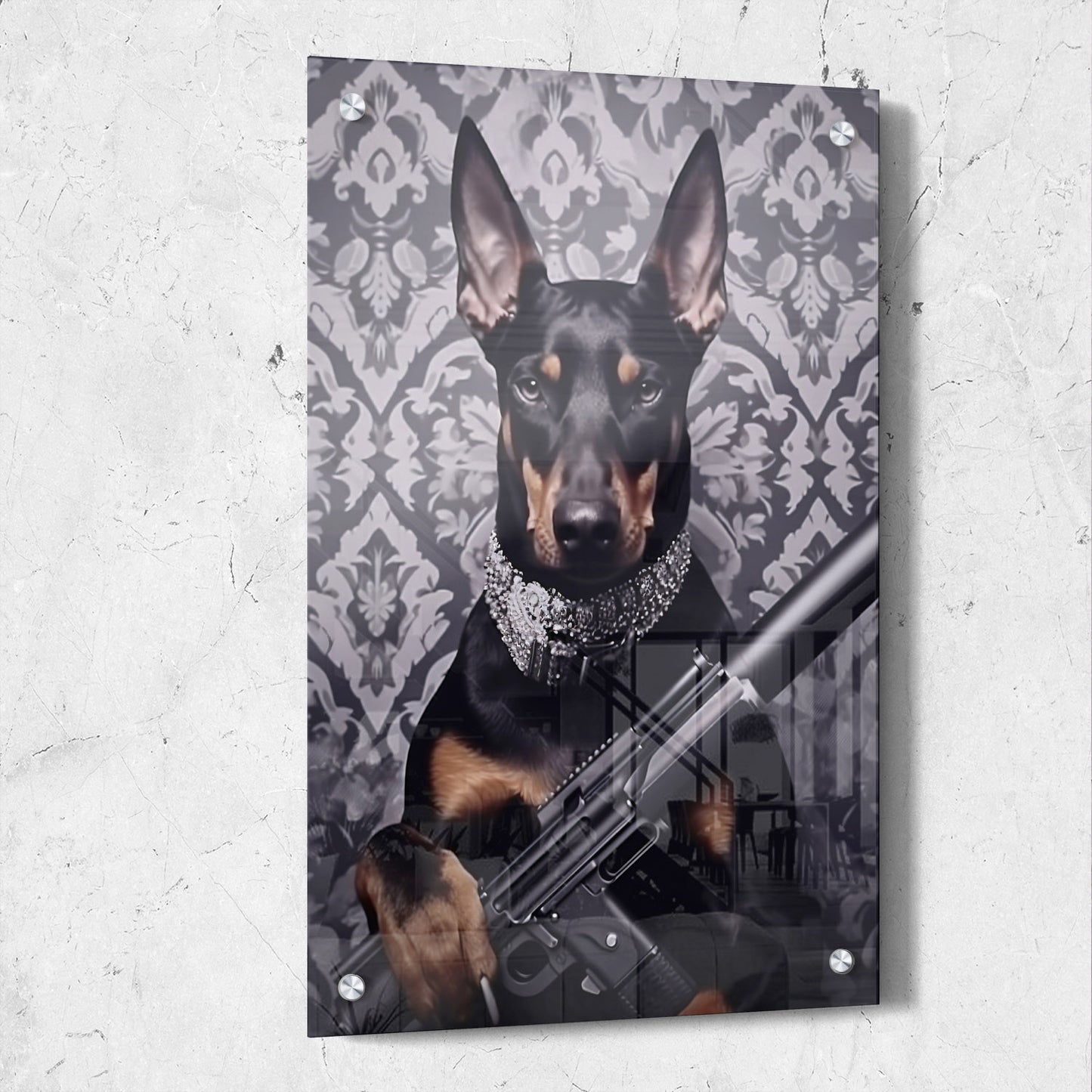 Doberman Pincher with Rifle