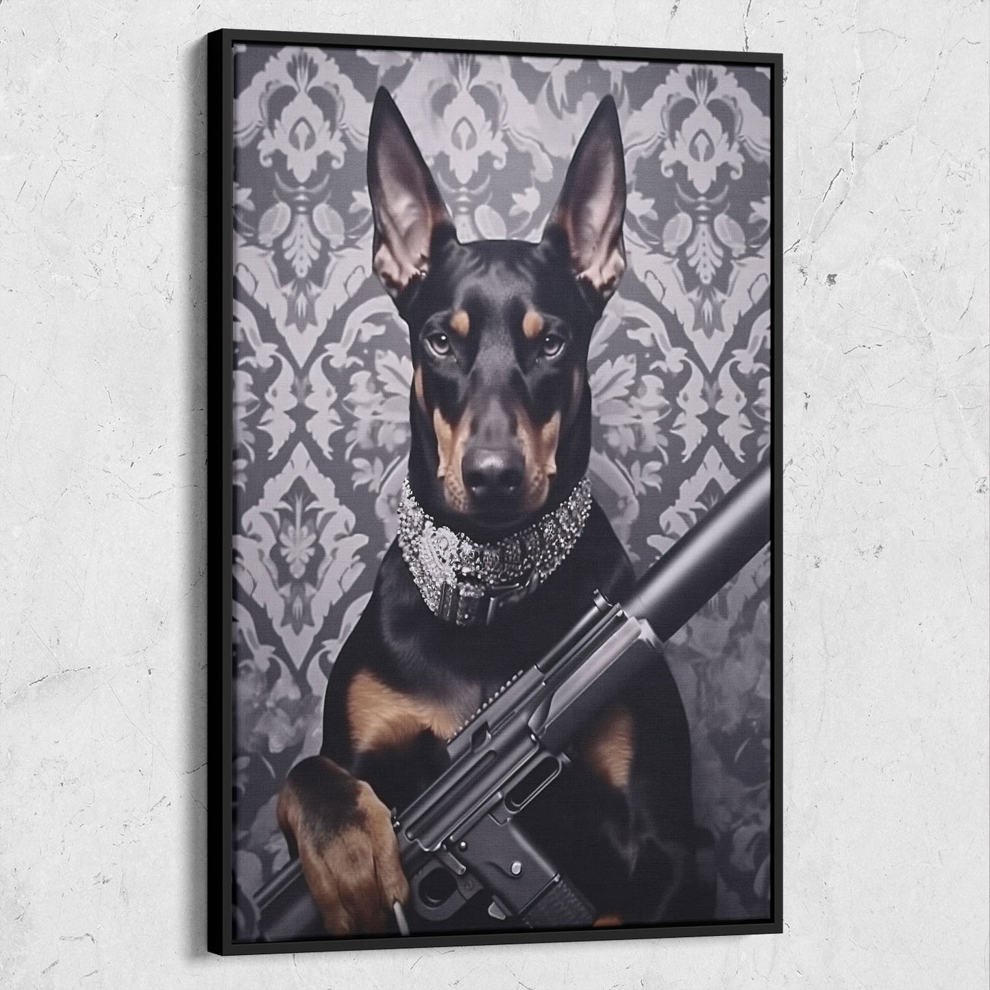 Doberman Pincher with Rifle