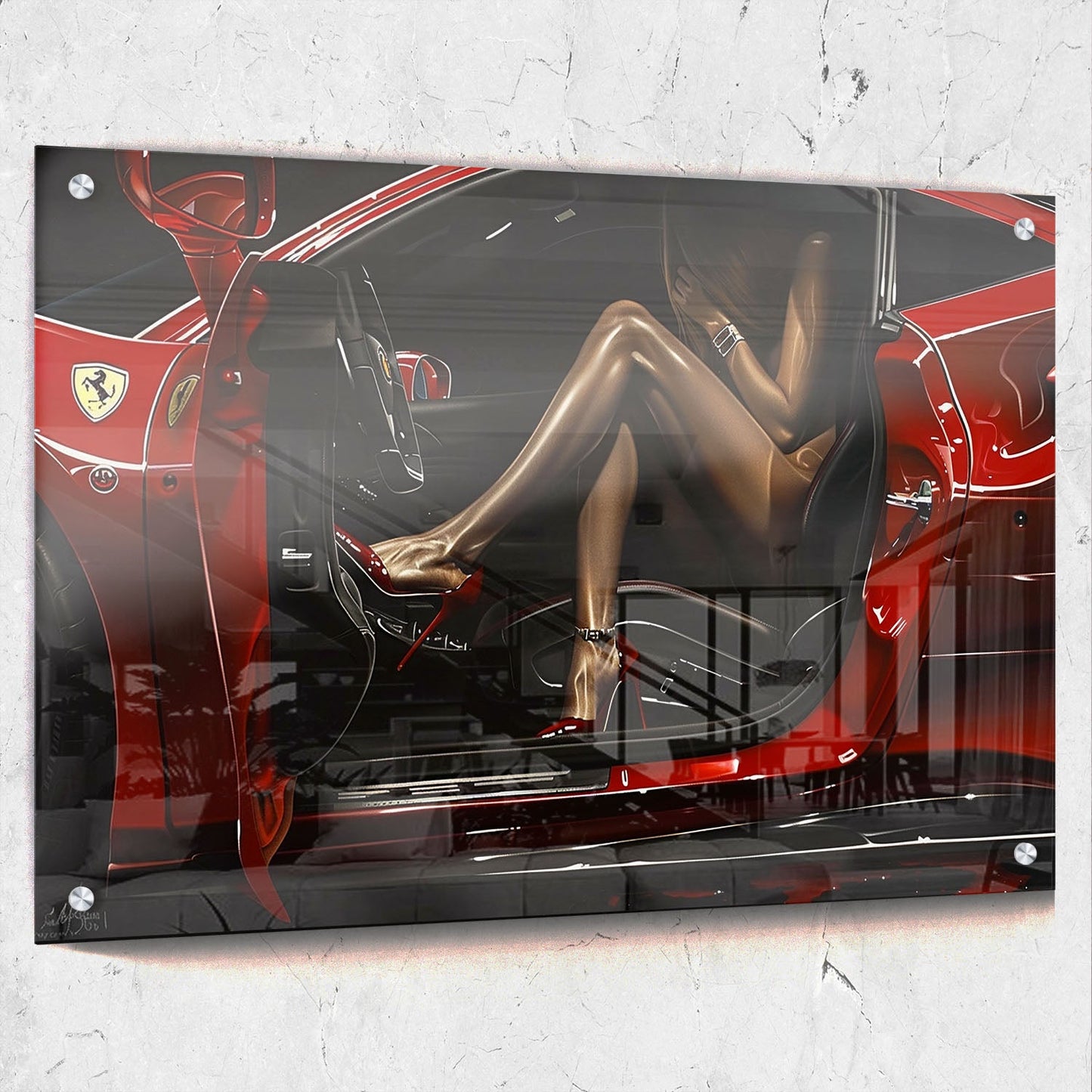 Woman Red Ferrari Realistic Painting