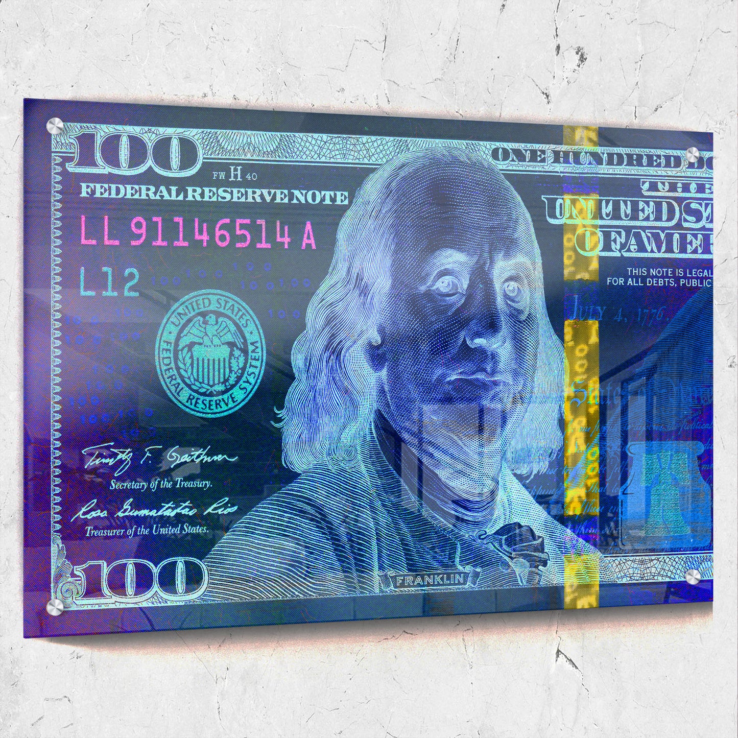 Money Art $100 Bill Blue & Pink