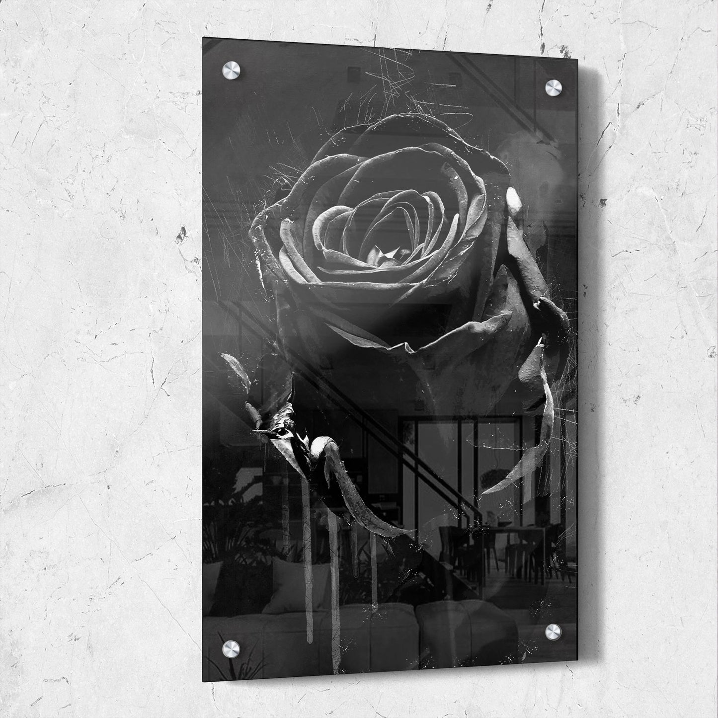 Rose Black And White Drip On Black