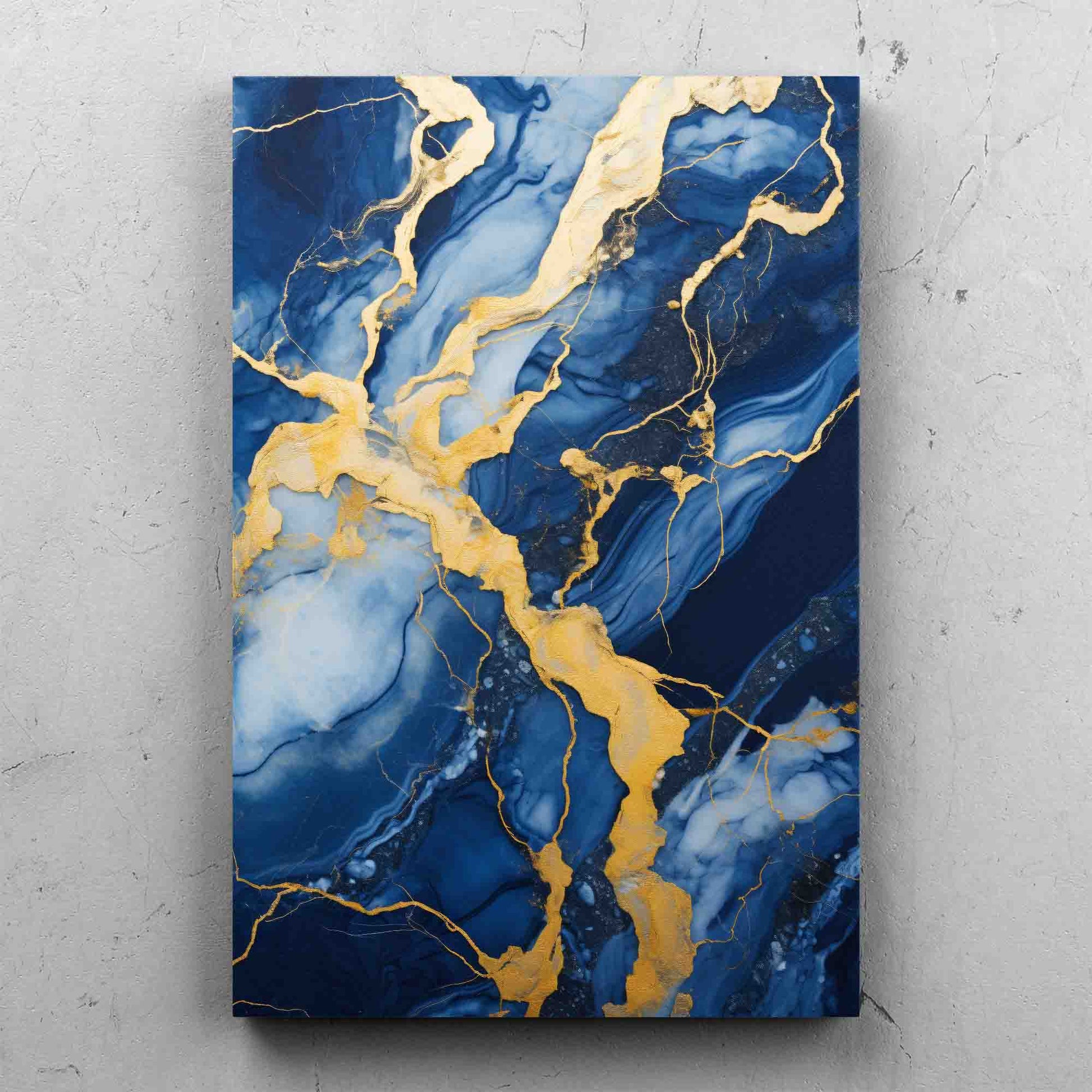 Abstract Blue and Gold Marble Art on Blue Background