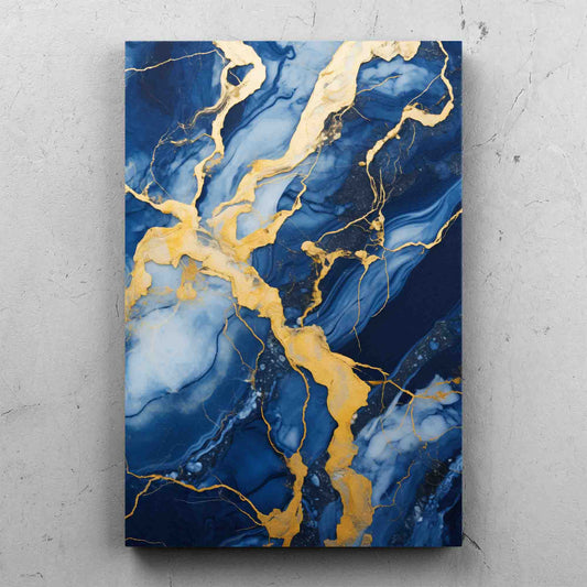 Abstract Blue and Gold Marble Art on Blue Background
