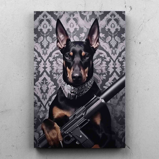 Doberman Pincher with Rifle