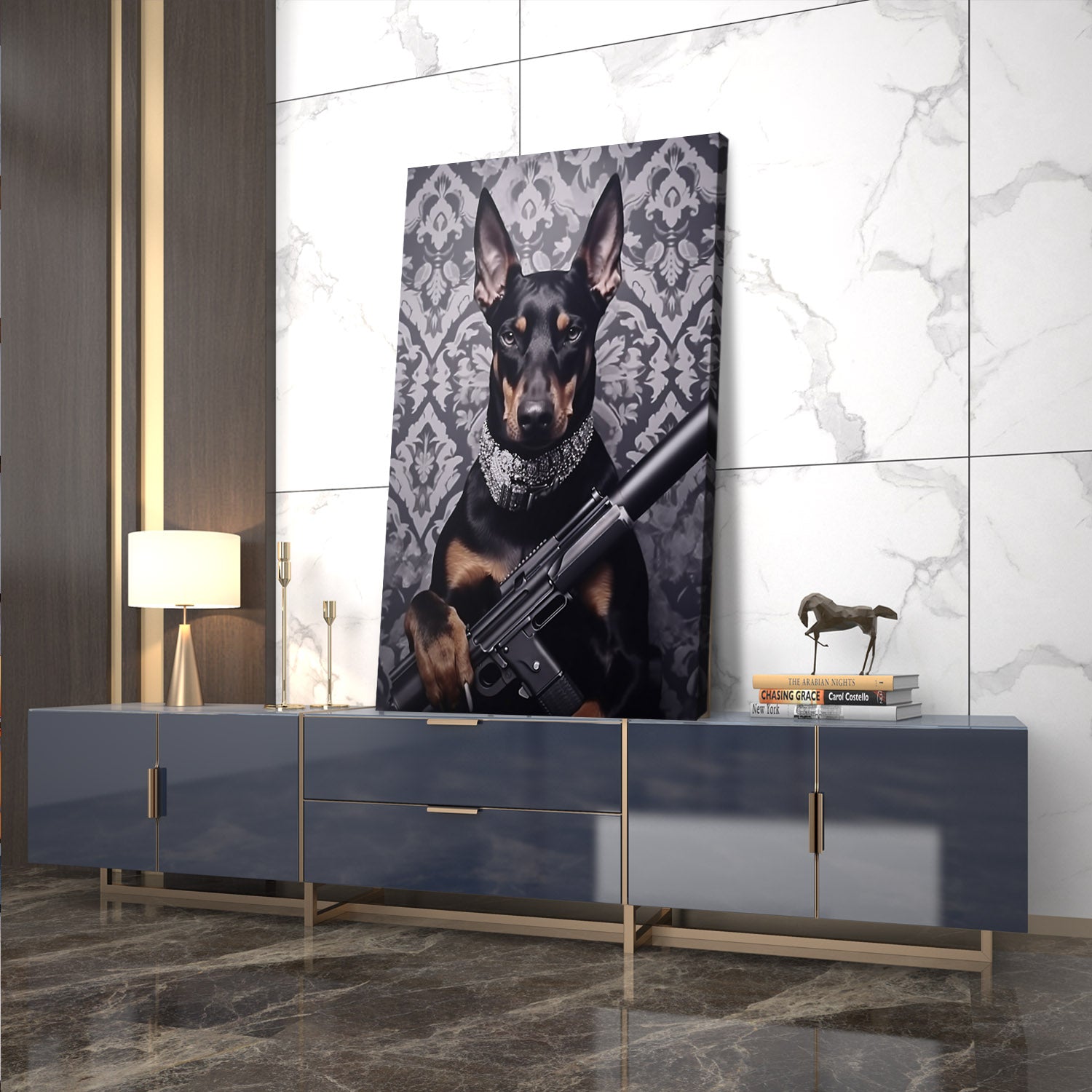 Doberman Pincher with Rifle