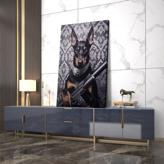 Doberman Pincher with Rifle