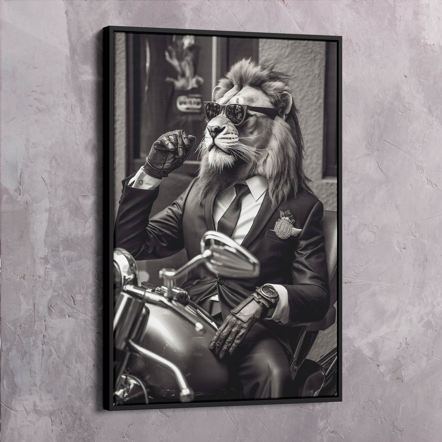 Lion Black Suit Riding Motor Bike