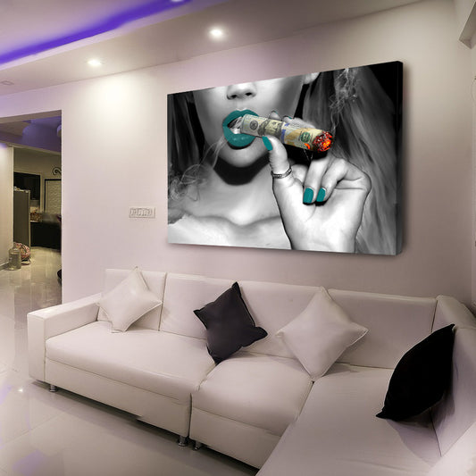 Cigar Money Girl with Teal Lips