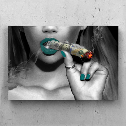 Cigar Money Girl with Teal Lips