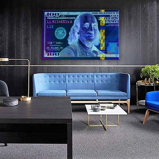 $100 Bill Blue & Pink - Framed Canvas Painting Wall Art Office Decor, large modern pop artwork for home or office, Entrepreneur Inspirational and motivational Quotes on Canvas great for man cave or home. Perfect for Artwork Addicts. Made in USA, FREE Shipping.