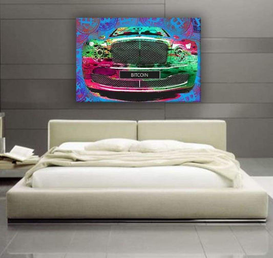Bitcoin Bentley - Framed Canvas Painting Wall Art Office Decor, large modern pop artwork for home or office, Entrepreneur Inspirational and motivational Quotes on Canvas great for man cave or home. Perfect for Artwork Addicts. Made in USA, FREE Shipping.