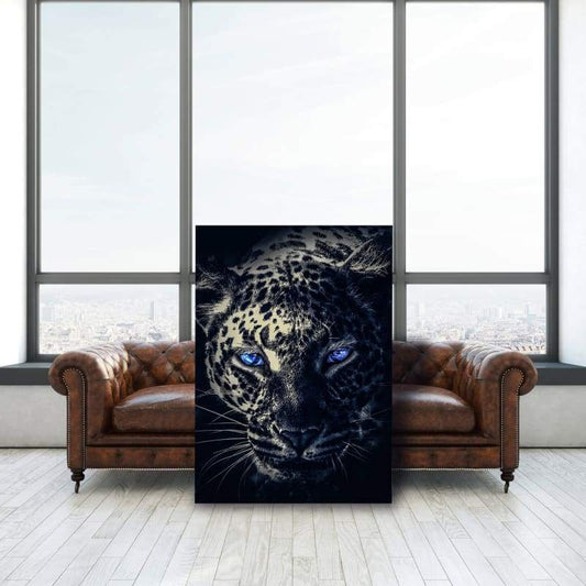 Dark Leopard Blue Eyes - Framed Canvas Painting Wall Art Office Decor, large modern pop artwork for home or office, Entrepreneur Inspirational and motivational Quotes on Canvas great for man cave or home. Perfect for Artwork Addicts. Made in USA, FREE Shipping.