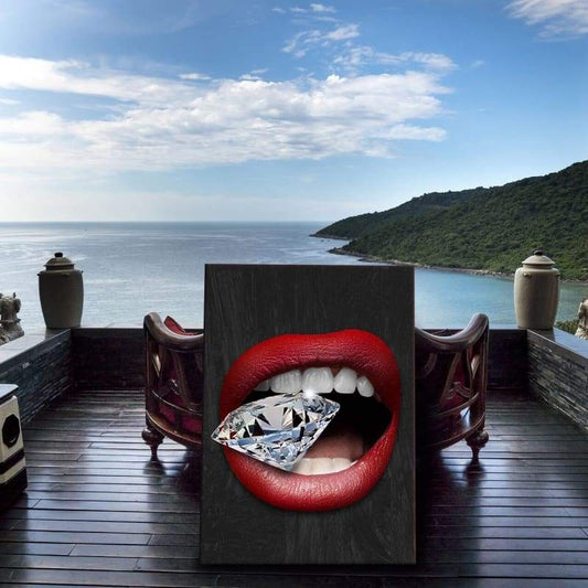 Diamond Red Lips - Framed Canvas Painting Wall Art Office Decor, large modern pop artwork for home or office, Entrepreneur Inspirational and motivational Quotes on Canvas great for man cave or home. Perfect for Artwork Addicts. Made in USA, FREE Shipping.