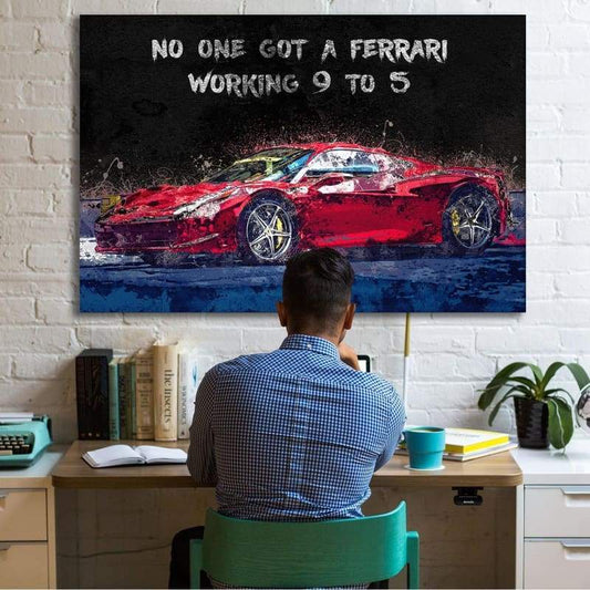 Ferrari 9 to 5 - Framed Canvas Painting Wall Art Office Decor, large modern pop artwork for home or office, Entrepreneur Inspirational and motivational Quotes on Canvas great for man cave or home. Perfect for Artwork Addicts. Made in USA, FREE Shipping.