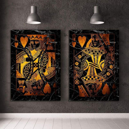 Gold King & Queen of Hearts Combo - Framed Canvas Painting Wall Art Office Decor, large modern pop artwork for home or office, Entrepreneur Inspirational and motivational Quotes on Canvas great for man cave or home. Perfect for Artwork Addicts. Made in USA, FREE Shipping.
