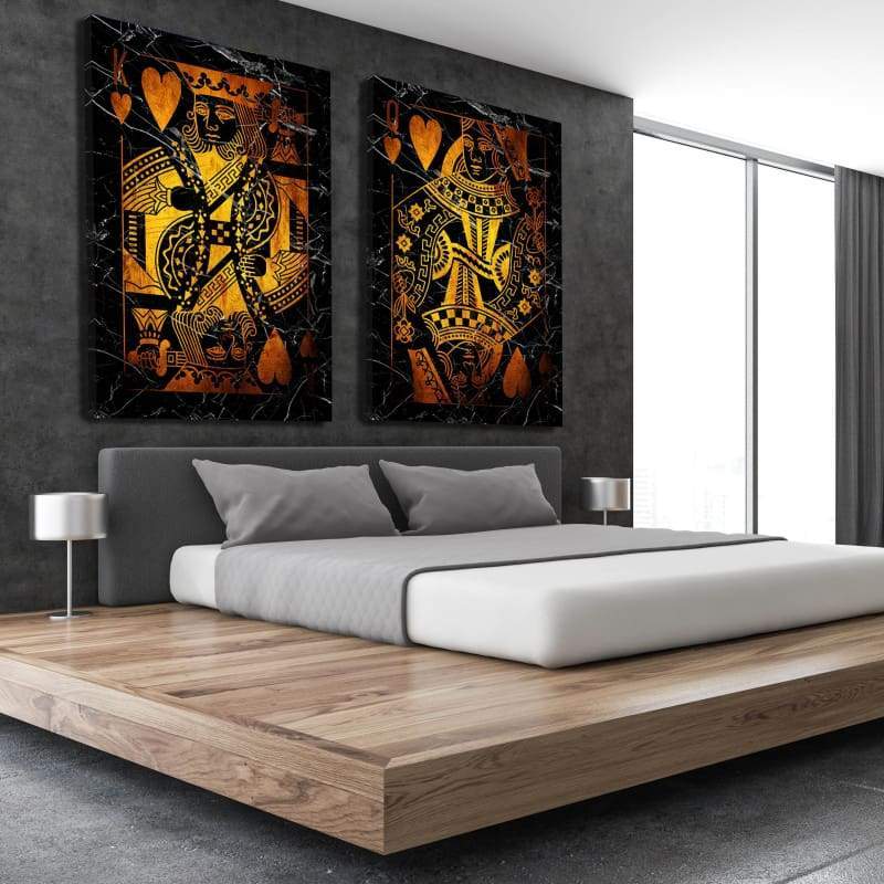 Gold King & Queen of Hearts Combo - Framed Canvas Painting Wall Art Office Decor, large modern pop artwork for home or office, Entrepreneur Inspirational and motivational Quotes on Canvas great for man cave or home. Perfect for Artwork Addicts. Made in USA, FREE Shipping.