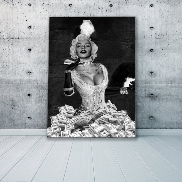 Marilyn Monroe Showgirl Money - Framed Canvas Painting Wall Art Office Decor, large modern pop artwork for home or office, Entrepreneur Inspirational and motivational Quotes on Canvas great for man cave or home. Perfect for Artwork Addicts. Made in USA, FREE Shipping.