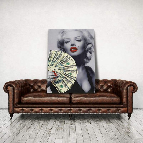 Marilyn Monroe Money - Framed Canvas Painting Wall Art Office Decor, large modern pop artwork for home or office, Entrepreneur Inspirational and motivational Quotes on Canvas great for man cave or home. Perfect for Artwork Addicts. Made in USA, FREE Shipping.