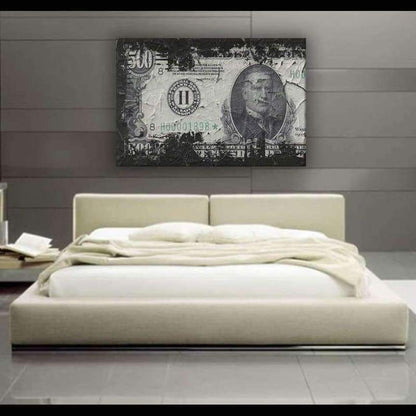 Money $500 Bill Charred - Framed Canvas Painting Wall Art Office Decor, large modern pop artwork for home or office, Entrepreneur Inspirational and motivational Quotes on Canvas great for man cave or home. Perfect for Artwork Addicts. Made in USA, FREE Shipping.