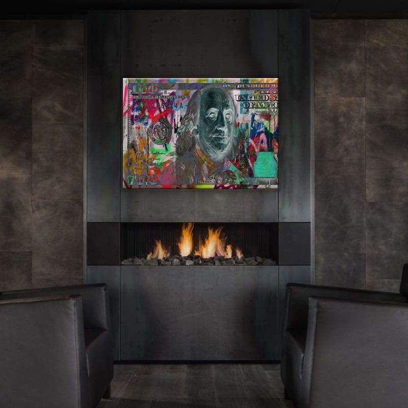 Money $100 Bill Graffiti - Framed Canvas Painting Wall Art Office Decor, large modern pop artwork for home or office, Entrepreneur Inspirational and motivational Quotes on Canvas great for man cave or home. Perfect for Artwork Addicts. Made in USA, FREE Shipping.