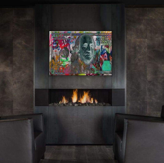 Money $100 Bill Graffiti - Framed Canvas Painting Wall Art Office Decor, large modern pop artwork for home or office, Entrepreneur Inspirational and motivational Quotes on Canvas great for man cave or home. Perfect for Artwork Addicts. Made in USA, FREE Shipping.