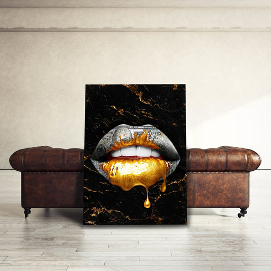 Money Lips Gold Drip - Framed Canvas Painting Wall Art Office Decor, large modern pop artwork for home or office, Entrepreneur Inspirational and motivational Quotes on Canvas great for man cave or home. Perfect for Artwork Addicts. Made in USA, FREE Shipping.