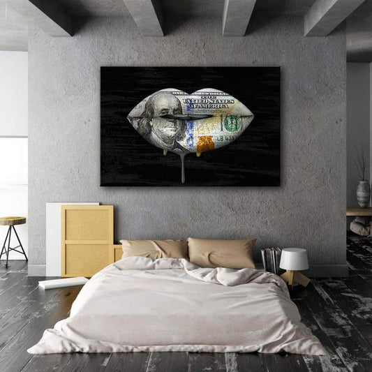 Money Plump Lips - Framed Canvas Painting Wall Art Office Decor, large modern pop artwork for home or office, Entrepreneur Inspirational and motivational Quotes on Canvas great for man cave or home. Perfect for Artwork Addicts. Made in USA, FREE Shipping.