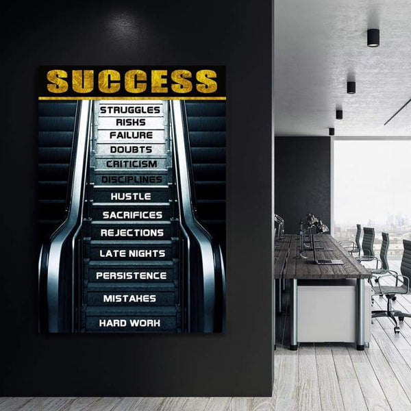 Success Steps - Framed Canvas Painting Wall Art Office Decor, large modern pop artwork for home or office, Entrepreneur Inspirational and motivational Quotes on Canvas great for man cave or home. Perfect for Artwork Addicts. Made in USA, FREE Shipping.